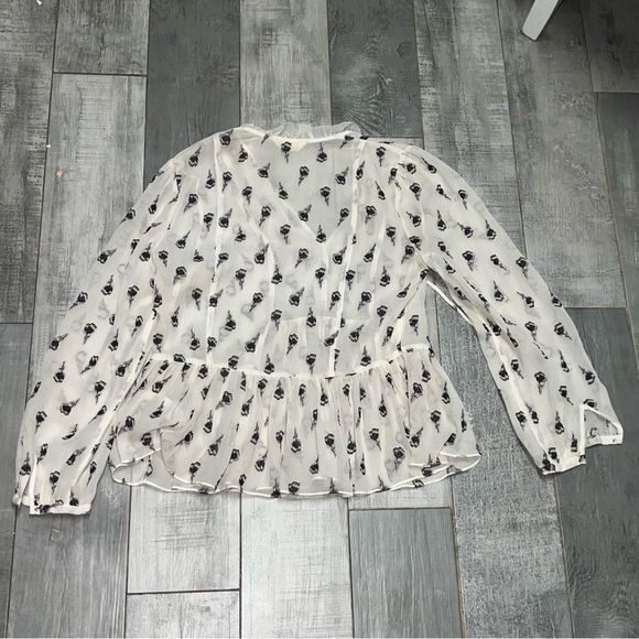 Rebecca Taylor Boho 100% Silk Chiffon Ruffle Ivory Black Floral Peasant Top S - Picture 13 of 16